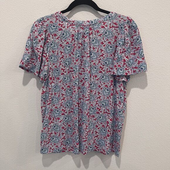 LOFT Womens Sz L Pink Floral Tops Chiffon Blouse Button Up Flutter Sleeve Shirt - Picture 6 of 8